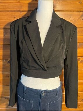 Black Cropped Wrap Blazer Top - Women
